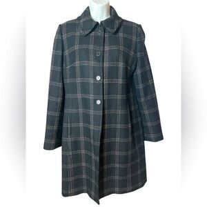 Ann Taylor LOFT Black Long Wool Peacoat White Pink Checkered Stitching Sz 6
